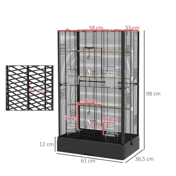 Gaiola para Pássaros 61x36,5x98 cm com Portas Poleiros Bandeja Removível e Alças para Canários Periquitos Preto