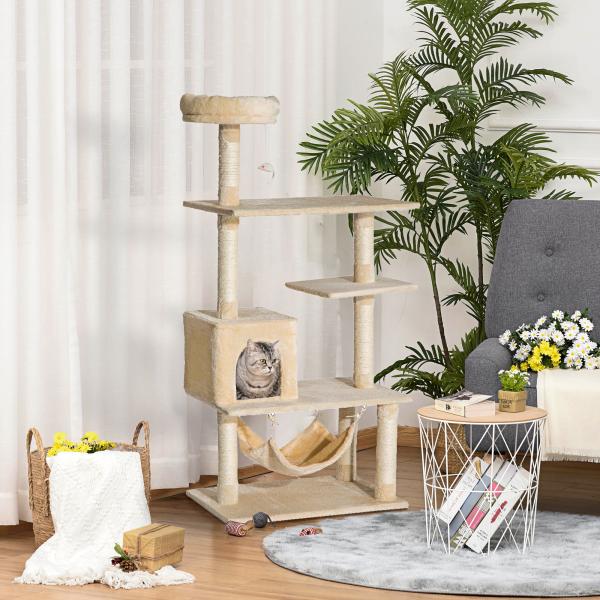 Árvore Arranhador para Gatos com plataformas múltiples Brinquedo suspenso Caverna espaçosa Rede macia Postes de coçar 70x40x152 cm Bege