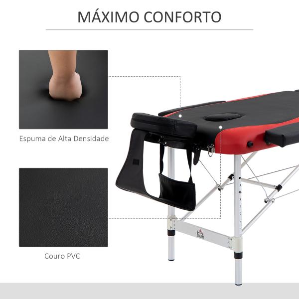 Marquesa de Massagem Dobrável e Portátil com Altura Ajustável e Apoio para a Cabeça 210x81x62 - 85 cm Vermelho e Preto