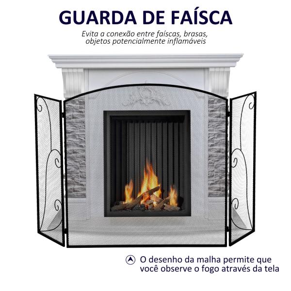 Frente para Lareira de 3 Painéis Dobrável com Dobradiças Estrutura Metálica e Malha Decorativa 132,5x76,5cm Preto