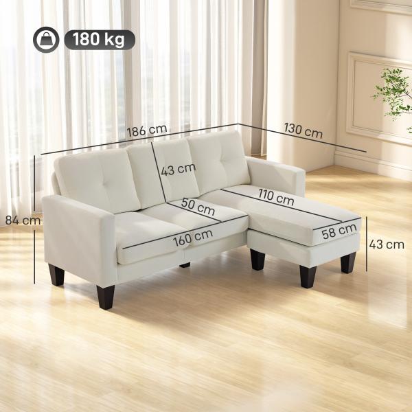 Sofá Chaise Longue Sofá em Forma de L Estofado em Poliéster Sofá de Canto Reversível 186x130x84 cm Creme