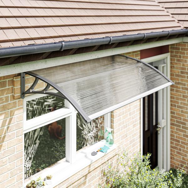 Marquise de Proteção 110x60cm Marquise Exterior para Portas e Janelas contra o Sol e Chuva com Suporte de PP Policarbonato Cinza