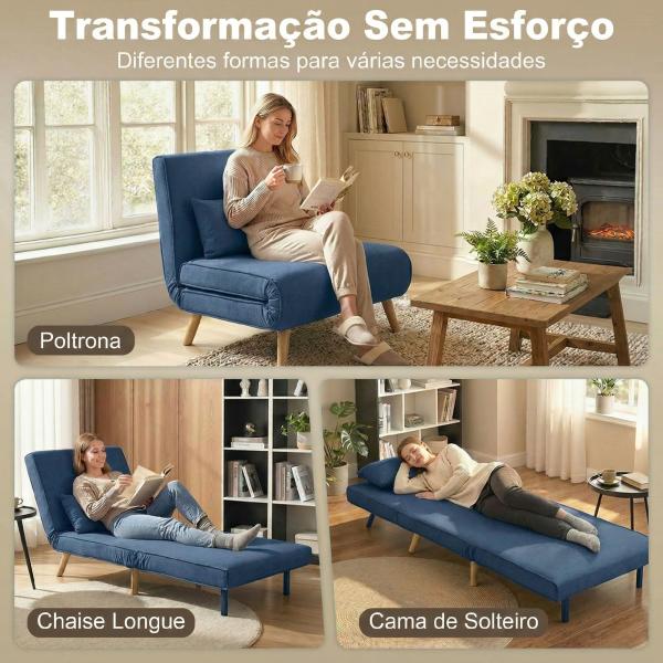 Sofá Cama Individual Estofado em Linho com Encosto Ajustável em 5 Posições e Almofada Sofá Cama Pequeno 72x75x85 cm Azul Escuro