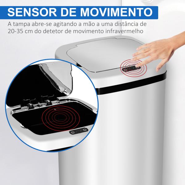 Balde de Lixo Inteligente 50L com Sensor Infravermelho Botão Tátil Balde de Lixo com Abertura Automática 33x25x84 cm Prata
