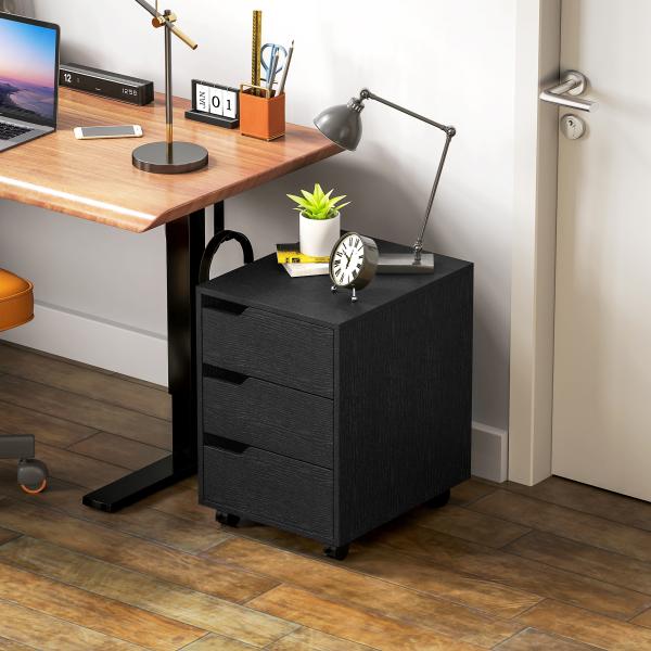 Bloco de Gavetas para Escritório Móvel de Escritório Bloco de Gavetas com 3 Gavetas e 4 Rodas 40x50x57,5 cm Preto