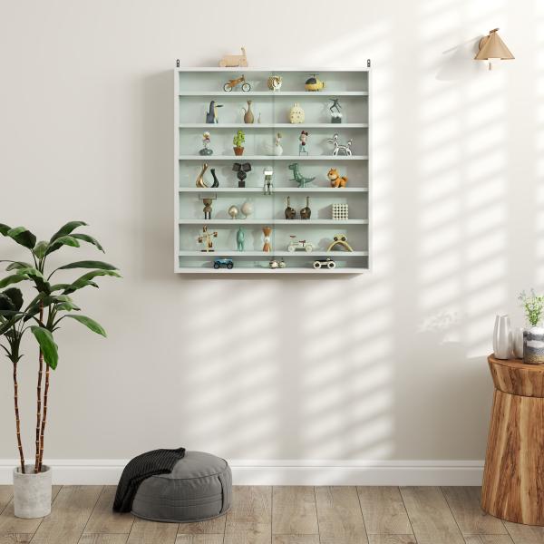 Vitrina de Parede em Madeira com Prateleiras Ajustáveis e 2 Portas Deslizantes de Vidro 80x9,5x83 cm Branco