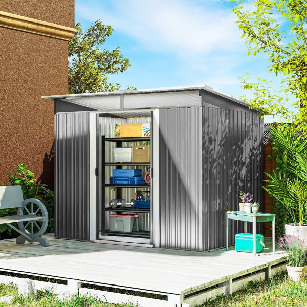 Abrigo de Jardim 4,5 m² 260x194x200 cm Abrigo Exterior Metálico com 2 Portas Deslizantes para Armazenamento de Ferramentas Cinza