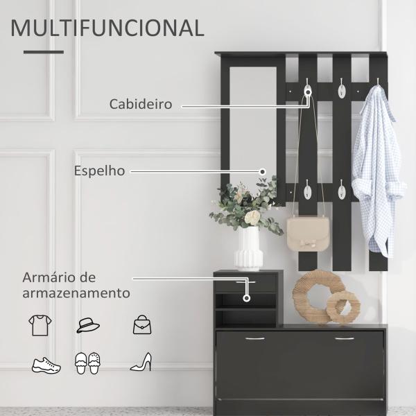 Móvel Cabide de Entrada com Espelho Cabide e Sapateira Móveis de Entrada de 2 Peças com 6 Ganchos Preto