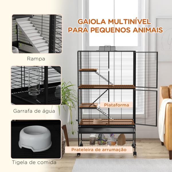 Gaiola para Animais Pequenos de 4 Níveis com Rodas Rampa Comedouro Bebedouro e Bandeja Removível 78x45,5x136 cm Preto