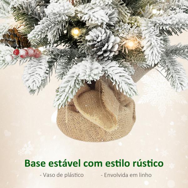 Mini Árvore de Natal Artificial com 35 Luzes LED 182 Ramos com Neve Pinhas Bagas e Base de Saco de Juta Ø48x60 cm Verde