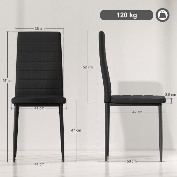 Conjunto de 6 Cadeiras de Sala de Jantar Estofadas em Linho com Pernas em Metal Cadeiras Modernas para Cozinha Quarto Suporta até 120 kg 41x50x97 cm Preto