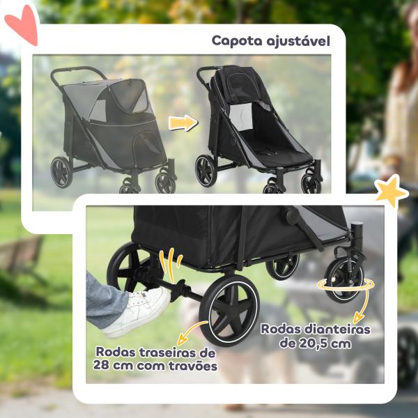 Carrinho para Cães Dobrável com Janelas de Malha Cinto de Segurança e Bolsos de Armazenamento 112x65x100 cm Cinzento