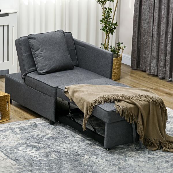 Sofá Cama 3 em 1 Sofá de 2 Lugares com Encosto Ajustável Sofá Cama Individual com Almofadas 65x98x69 cm Cinzento