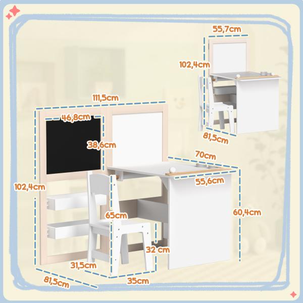 Mesa e Cadeira Infantil Mesa para Crianças com Cadeira Ardósias Dobrável Prateleiras e Rolo de Papel Branco