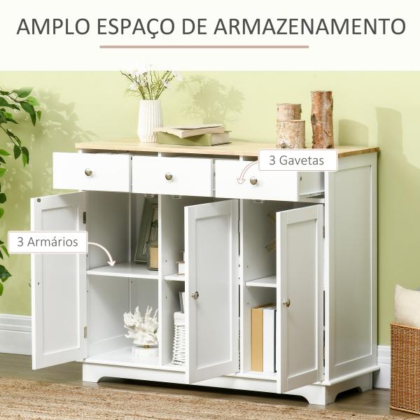 Aparador de Cozinha com 3 Gavetas 3 Portas e Prateleiras Ajustáveis Móvel Auxiliar de Armazenamento 101x40x85 cm Branco