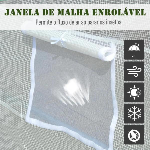 Estufa Tipo Túnel 595x300x200 cm com 8 Janelas e Cobertura de Polietileno para Cultivo de Plantas Estrutura de Aço 24mm para Jardim Branco