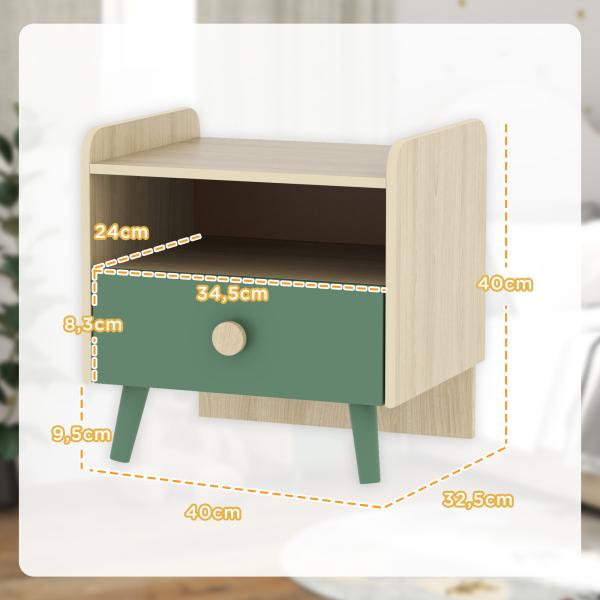 Mesa de Cabeceira para Crianças dos 3 aos 10 Anos com Gaveta e Cantos Arredondados, Verde e Carvalho