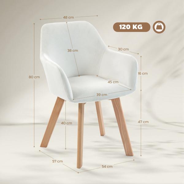 Conjunto de 2 Cadeiras de Jantar Modernas Estofadas em Veludo com Pernas de Madeira 54x57x80 cm Creme