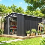Abrigo de Jardim Metálico para Armazenamento de Ferramentas com Base de Reforço Incluída e 4 Janelas 277x322x192 cm Cinza Escuro