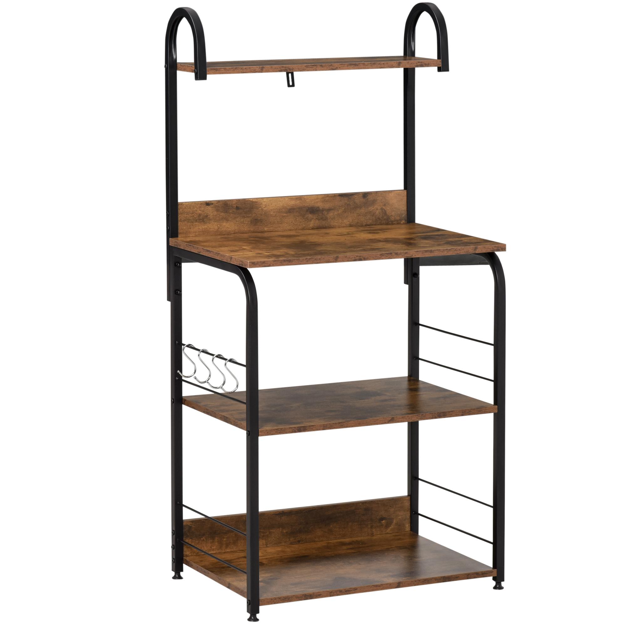 Estante de Cozinha Estante para Microondas com 4 Níveis Ganchos e Pés Ajustáveis Estante de Armazenamento 60x40x125 cm Marrom Rústico