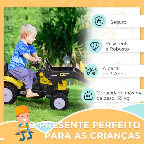 Trator a Pedal para Crianças acima de 3 Anos Trator Escavadora Infantil com Pá Dianteira 114x41x52 cm Amarelo e Preto