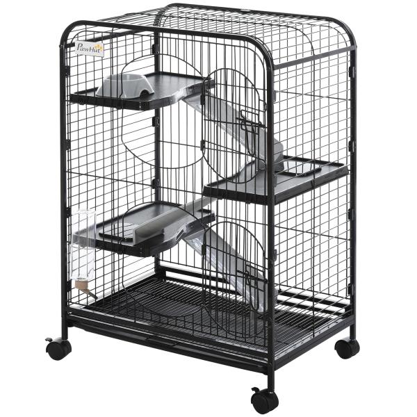 Gaiola para Roedores com Rodas 2 Portas 3 Plataformas Bandeja Amovível Comedouro e Bebedouro 61,5x44x95cm Preto