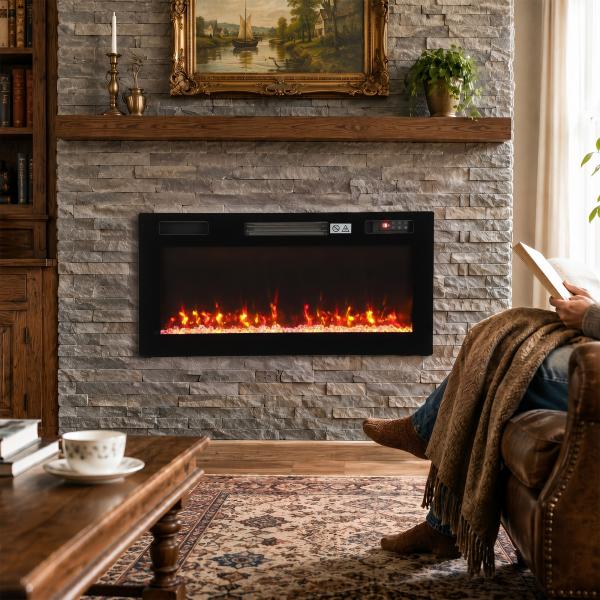 Lareira Elétrica Ultrafina 900/1800W Encastrável/De Parede/De Pé, 12 Cores de Chama 3D, Controlo Remoto, até 35 m², Preta