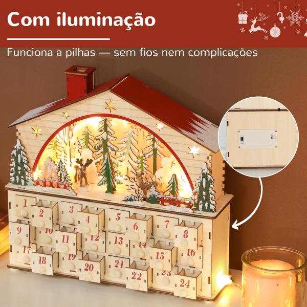 Calendário do Advento em Madeira com Luzes LED e 24 Gavetas Cena de Vila Decoração Natalícia 36x10x34 cm Madeira