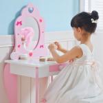 Toucador Infantil de Madeira com Banco Espelho e Gaveta Mesa de Maquilhagem para Crianças entre 3 - 6 Anos 50x36,5x89,5cm Rosa