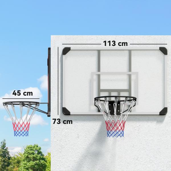 Tabela de Basquetebol de Parede com Aro, Rede e Estrutura em Aço para Exterior, 113x61x73 cm, Branco e Preto
