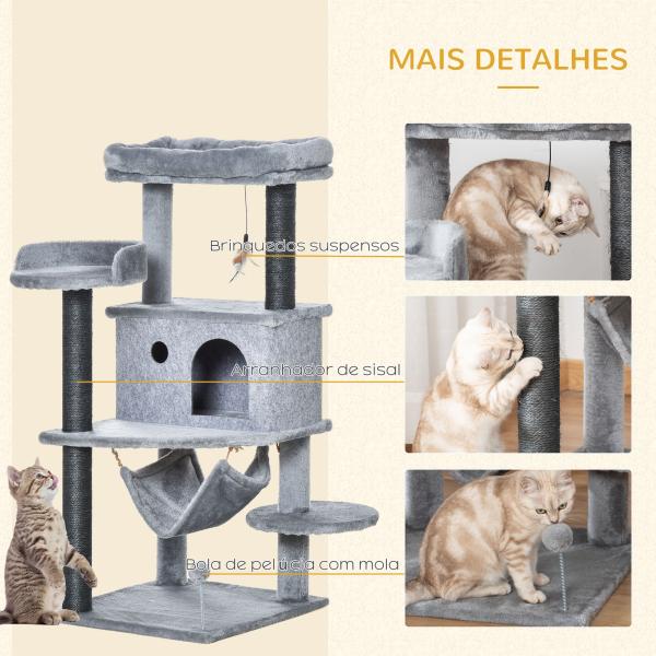 Árvore Arranhadora para Gatos 48x48x107cm com Caverna de Feltro Desmontável Rede Camas de Felpa Múltiplas Plataformas Poste Arranhador de Sisal e Brinquedos Cinza