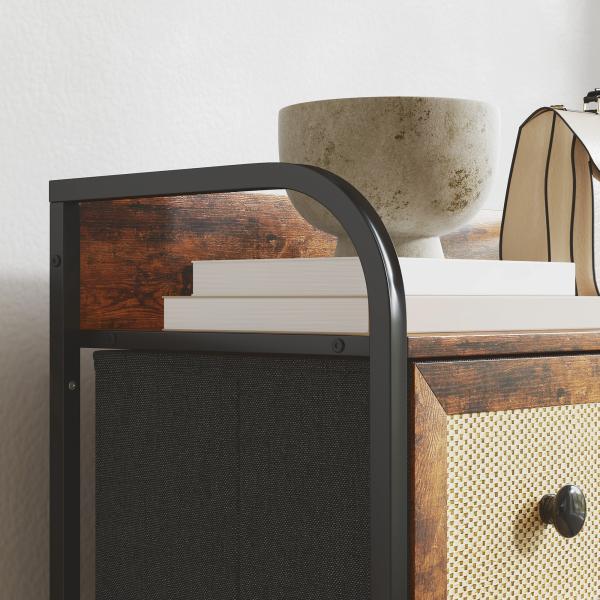 Cómoda de Tecido Cómoda para Dormitório com 5 Gavetas com Frente em Vime e Prateleira 58x29x99 cm Marrom Rústico