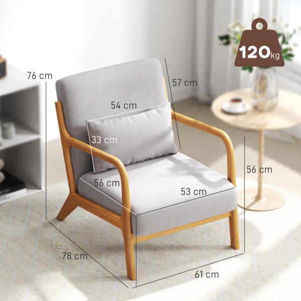 Poltrona Sala de Estar Nórdica Acolchoada com Apoio para os Braços e Estrutura de Madeira de Borracha 61x78x76 cm Cinza