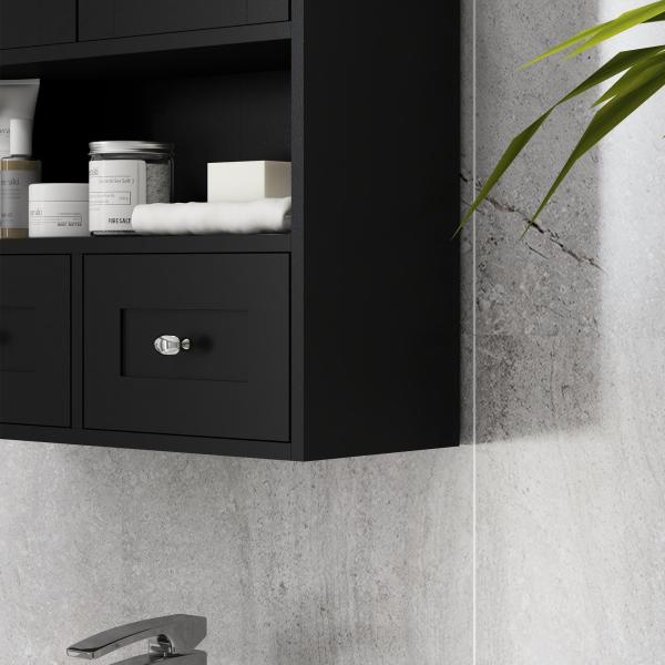 Armário de Parede para Casa de Banho com 2 Portas Prateleira Aberta e 2 Gavetas Estilo Moderno 50,8x17,8x66 cm Preto