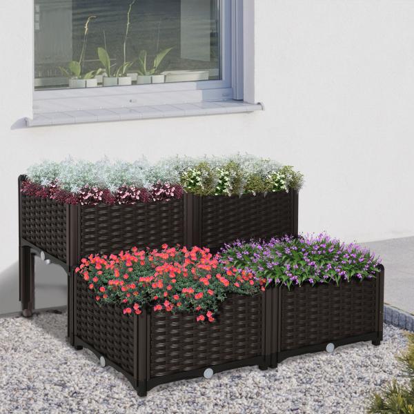 Conjunto de 4 Floreiras Quadradas Floreiras para Flores e Vegetais com Orifícios de Drenagem e Pés Altos 80x40x26 - 44 cm Marrom