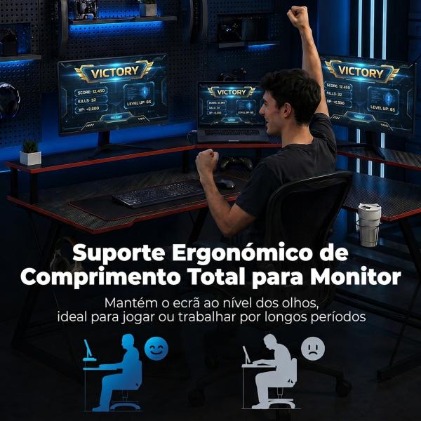 Secretária de Canto com Tomadas em Forma de L 128x128 cm com Suporte para Monitor Gancho e Suporte para Copos Preta