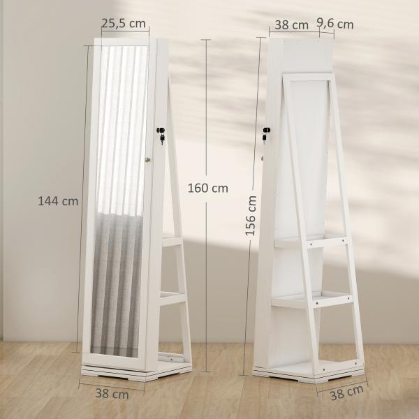 Joalheiro de Pé Armário para Jóias 360° com Fechadura e Espelho Incorporado Carga Máxima 20 kg 38x38x160 cm Branco