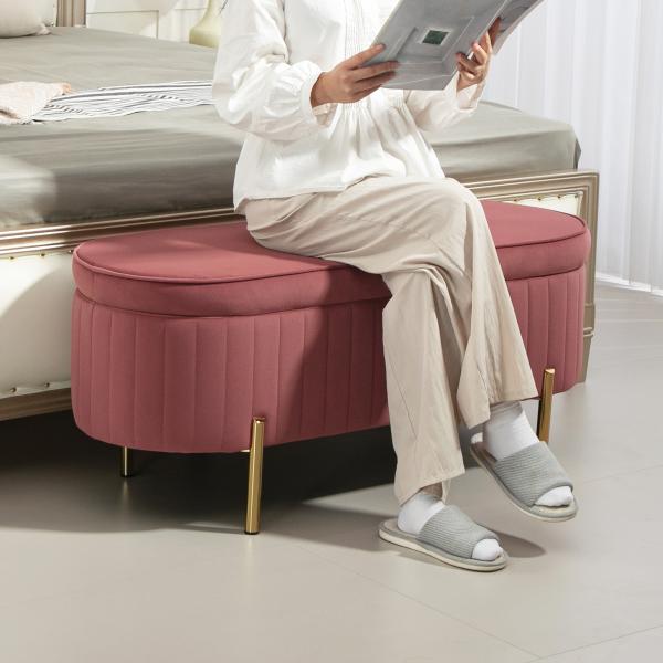 Banco Pé de Cama Estofado em Veludo Banco de Arrumação e Pés Dourado Banco para Entrada Dormitório 108x44x43,5 cm Rosa