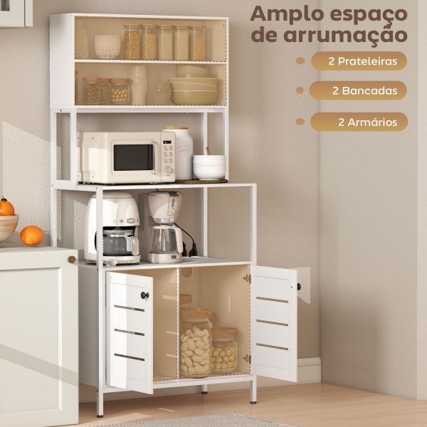 Armário de Cozinha com Tomada de Corrente Suporte para Micro - Ondas 2 Entradas USB e Compartimentos 80x42x171 cm Branco
