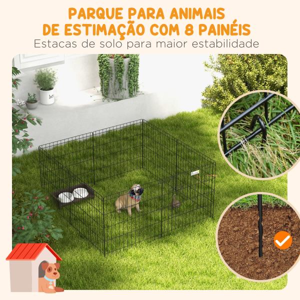 Parque para Cães 8 Painéis 61x61cm Dobráveis Gaiola Metálica para Animais de Estimação com Porta e Dupla Fechadura Preto