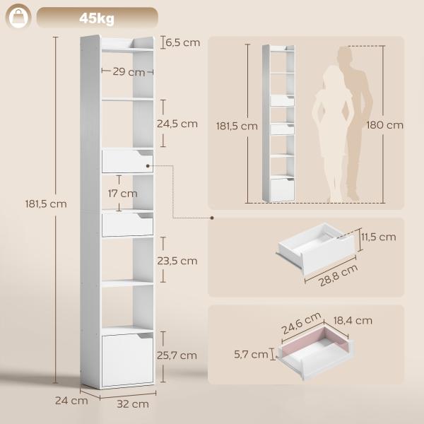 Estante para Livros com 2 Gavetas e Porta Estante Estreita com 6 Prateleiras Abertas 32x24x181,5 cm Branco