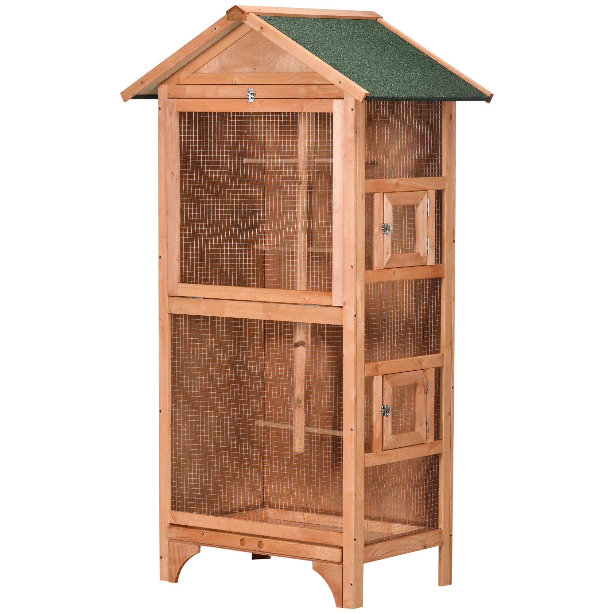 Gaiola para Pássaros de Madeira com 3 Portas 4 Poleiros Bandeja Amovível e Teto Asfáltico 80,5x57x153 cm Natural