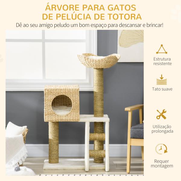 Arranhador para Gatos Arranhador para Gatos com Cama Superior Caverna 2 Almofadas 2 Postes Escada 57x37x100,5cm Bege