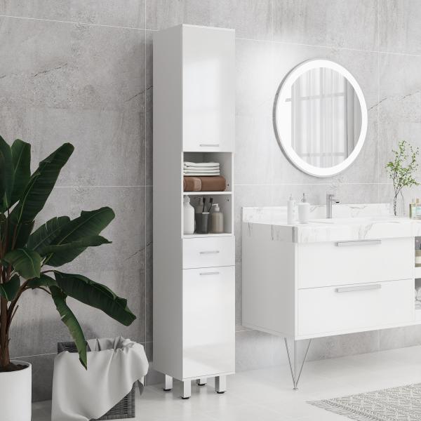 Coluna Casa de Banho Moderna com 1 Gaveta 3 Prateleiras Ajustáveis e 2 Armários Móvel Auxiliar de para Casa de Banho 30x30x180 cm Branco