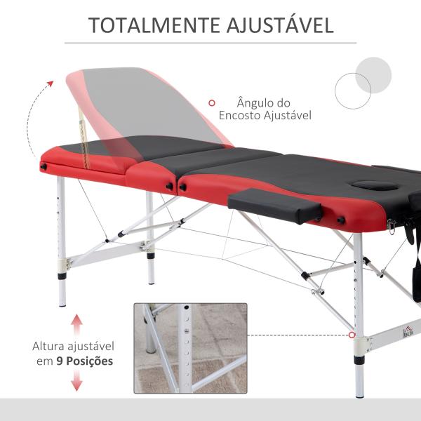 Marquesa de Massagem Dobrável e Portátil com Altura Ajustável e Apoio para a Cabeça 210x81x62 - 85 cm Vermelho e Preto
