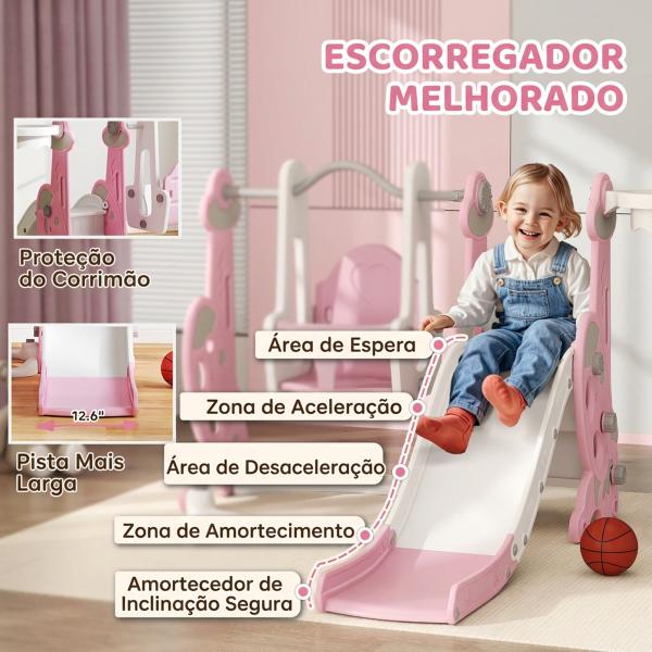 Escorrega Infantil 4 em 1 Parque Infantil com Baloiço e Escorrega Escalador Cesto de Basquetebol 147,5x160x107 cm Rosa