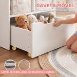 Estante de Madeira para Brinquedos com 3 Compartimentos 2 Cubos e Gaveta Móvel com 4 Rodas Estante para Livros Infantil para Dormitório Infantil Sala de Jogos 60x29,9x90cm Branco