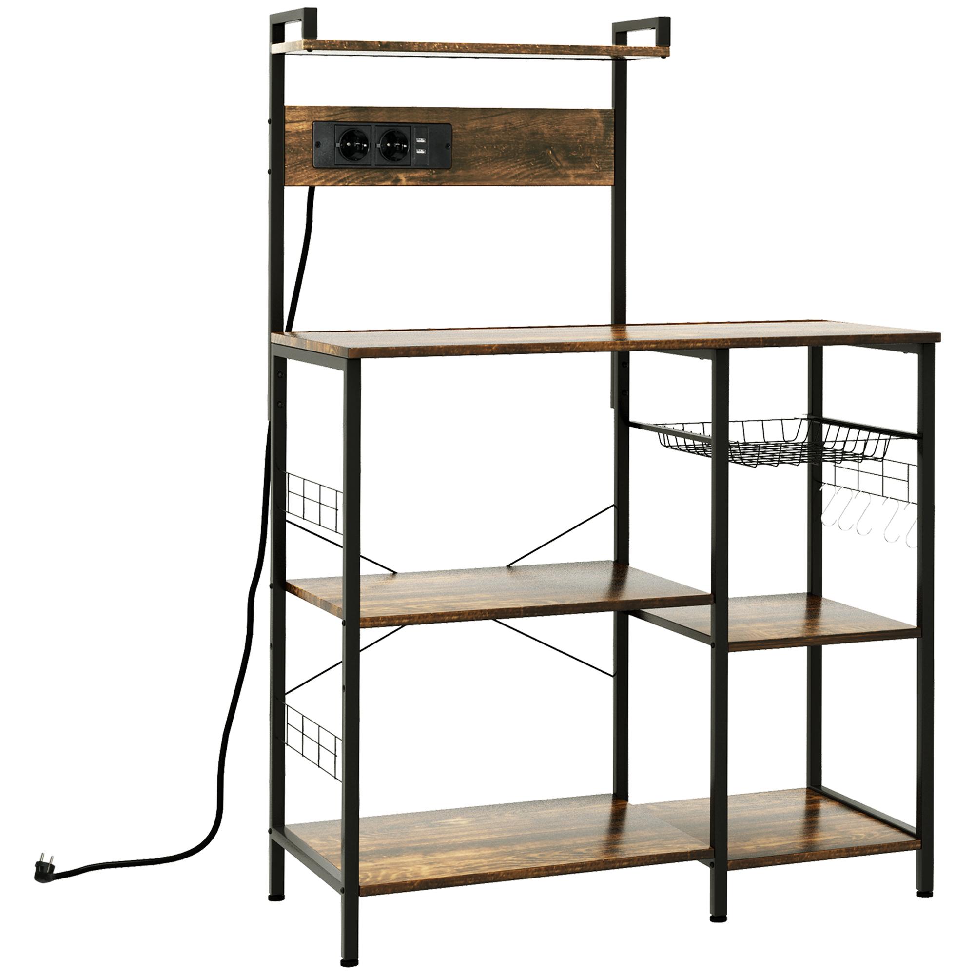 Estante de Cozinha com Ficha 2 Carregadores Prateleira Ajustável USB 5 Gancho em S e Cesta Amovível 90x42x130 cm Marrom Rústico