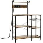 Estante de Cozinha com Ficha 2 Carregadores Prateleira Ajustável USB 5 Gancho em S e Cesta Amovível 90x42x130 cm Marrom Rústico