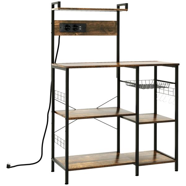 Estante de Cozinha com Ficha 2 Carregadores Prateleira Ajustável USB 5 Gancho em S e Cesta Amovível 90x42x130 cm Marrom Rústico